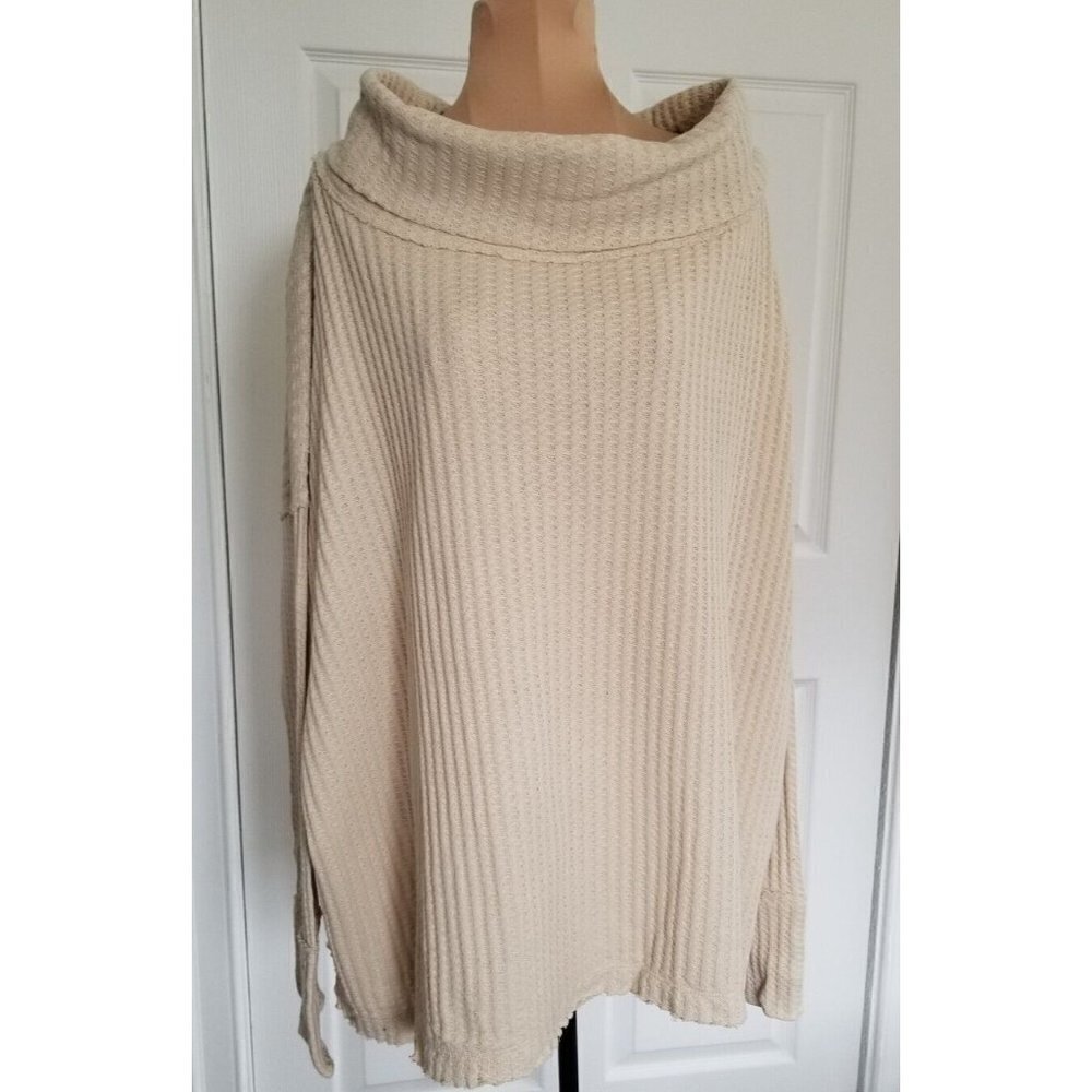 Free People Juicy Long Sleeve Stone Cold Beige Waffle Knit Cowl Neck Size M - Picture 2 of 9